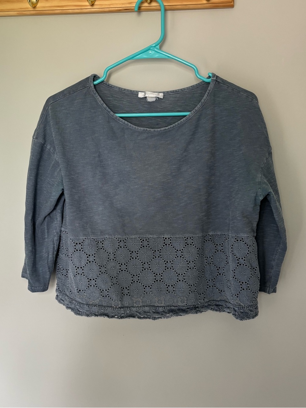 Promod Slate Blue Eyelet Hem Crop Shirt